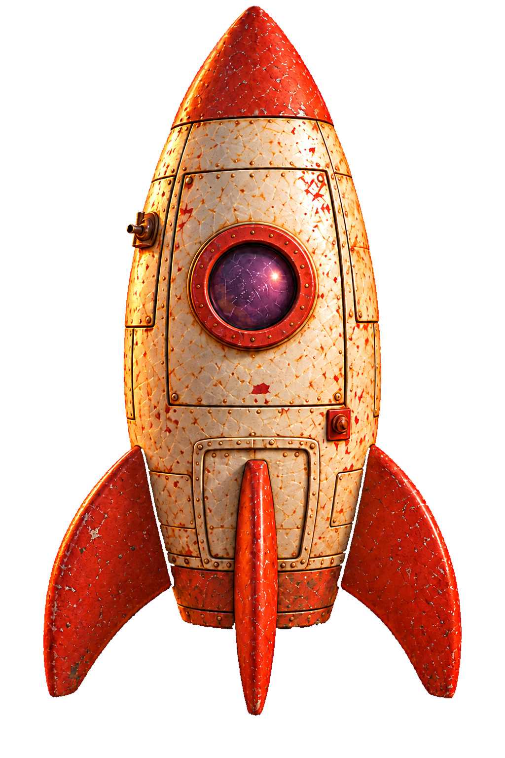 Rusty, a weathered rocket with a quiet violet window and three fins