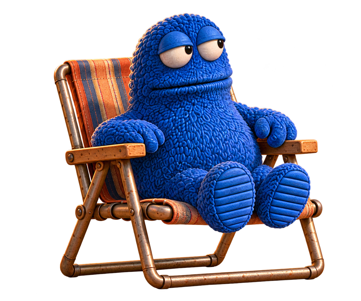 Zorp, a blue woolly creature, lounging in his striped chair